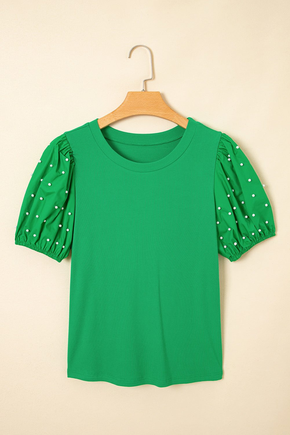 Bright Pink Ribbed Pearl Beaded Puff Sleeve Top