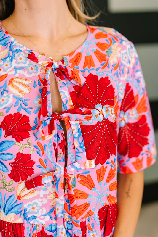 PREORDER: Half Sleeve Poplin Woven Dress in Pink and Blue Floral