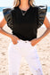 Black Leather Ruffle Sleeve Patchwork Round Neck Blouse
