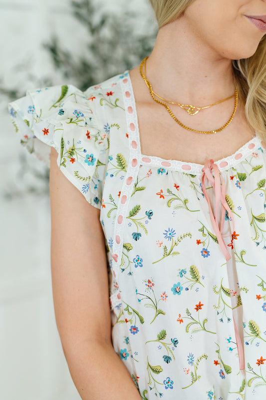 Cottagecore Cutie Ribbon Square Neck Blouse in White