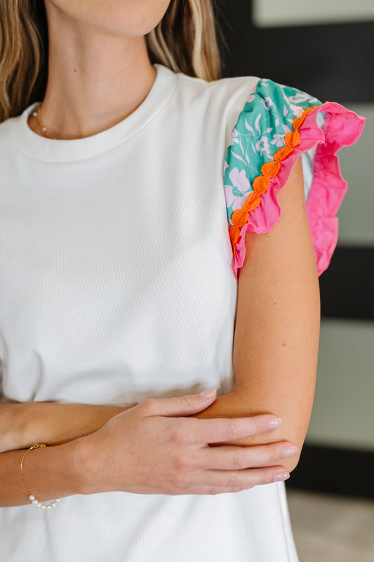 Petals & Poise Floral Flutter Sleeve Top in White