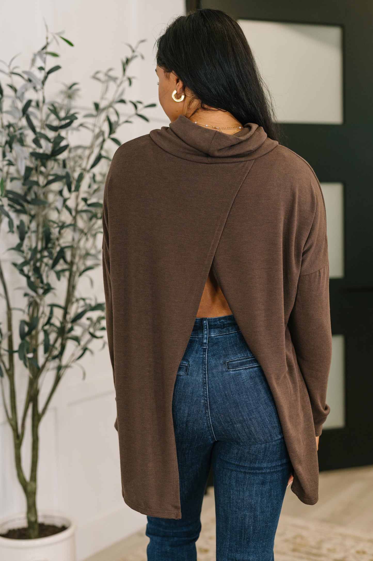 Travel Destination Cowl Neck Pullover in Chocolate