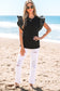 Black Leather Ruffle Sleeve Patchwork Round Neck Blouse